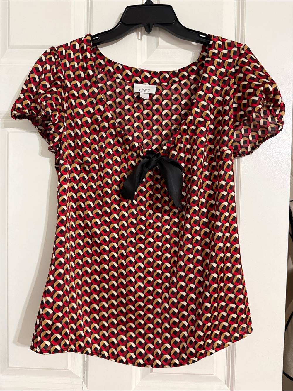 LOFT Red and Black Geometric Tie-Front Blouse